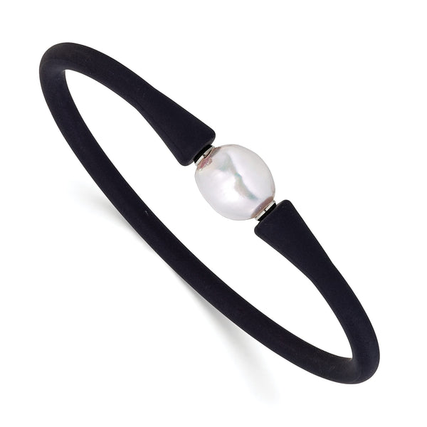 Chisel White Freshwater Pearl Black Silicone Bracelet in Stainless Steel, 4mm