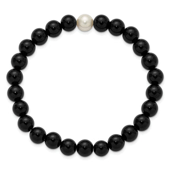 Chisel Black Onyx & White Freshwater Pearl Bracelet, 8mm Stretch