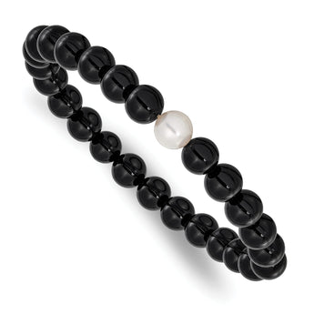 Chisel Black Onyx & White Freshwater Pearl Bracelet, 8mm Stretch