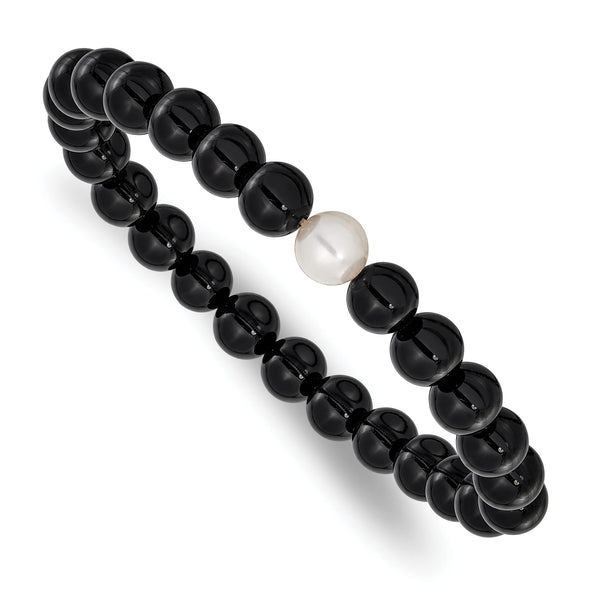 Chisel Black Onyx & White Freshwater Pearl Bracelet, 8mm Stretch