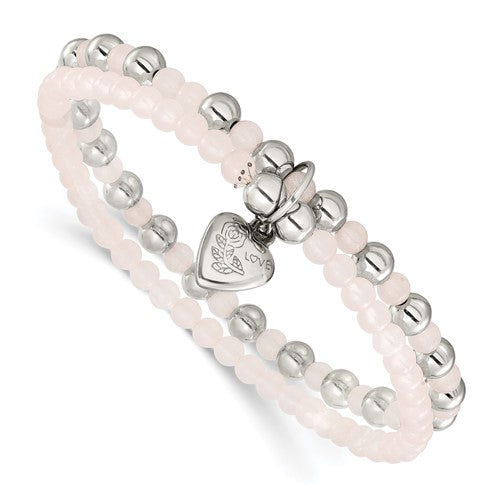 Chisel Puffed Heart Pink Quartz Two-Strand Bracelet in Stainless Steel, 5mm