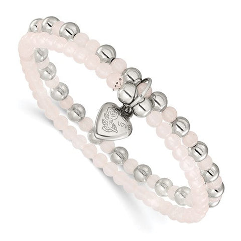 Chisel Puffed Heart Pink Quartz Two-Strand Bracelet in Stainless Steel, 5mm