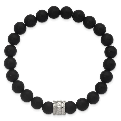Chisel Hammered Onyx Beaded Bracelet in Stainless Steel, 8.3mm Stretch