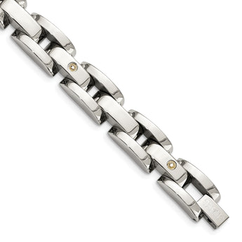 Stainless Steel Polished with Rhodium-plated 14k White Gold Accent and .03 carat Diamond Bracelet for Men - Birthstone Company