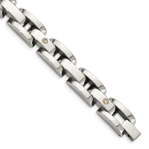 Stainless Steel Polished with Rhodium-plated 14k White Gold Accent and .03 carat Diamond Bracelet for Men - Birthstone Company