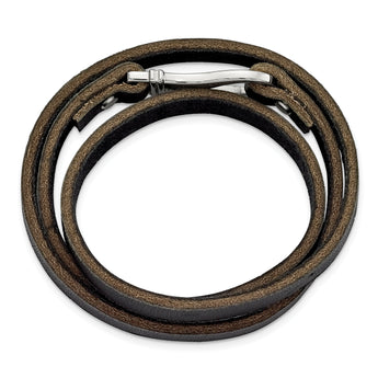 Stainless Steel Black and Brown Leather Wrap Bracelet