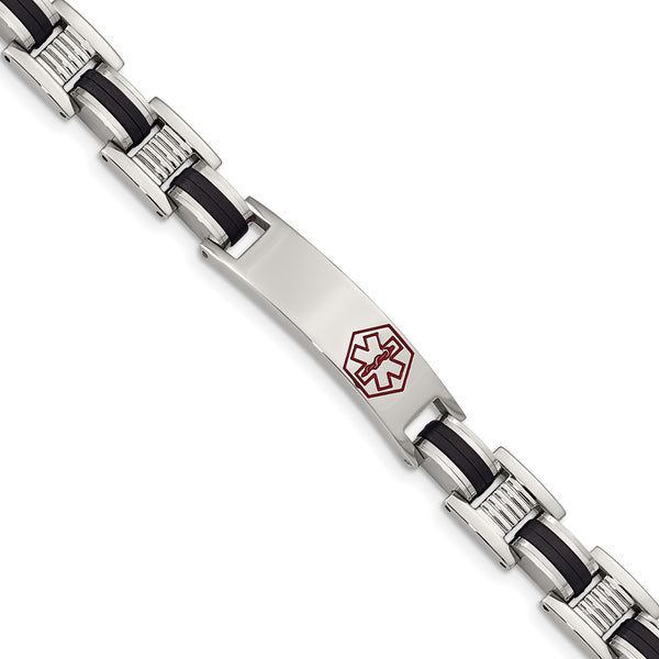 Stainless Steel Black Rubber Red Enamel 8in Medical Bracelet - Birthstone Company