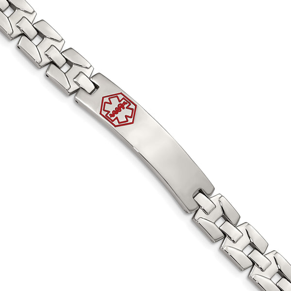 Stainless Steel Brushed & Polished Red Enamel 8in Medical Bracelet - Birthstone Company