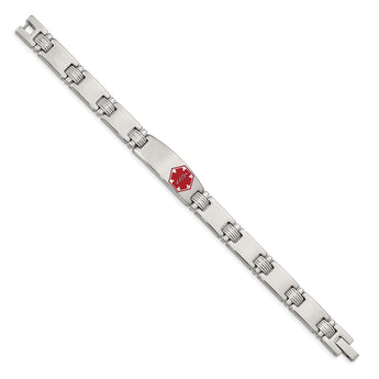 Stainless Steel Polished/Brushed Red Enamel 8.25in Medical Bracelet - Birthstone Company
