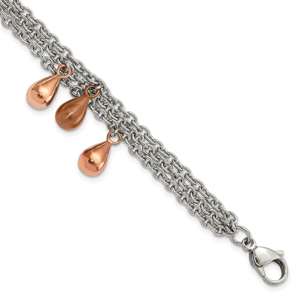 Stainless Steel Rose & Brown IP plated Teardrops 8in Bracelet - Birthstone Company