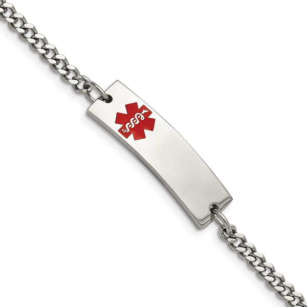 Stainless Steel Polished w/Red Enamel 8.75in Medical ID Bracelet - Birthstone Company