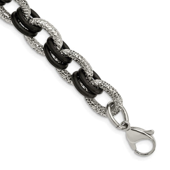 Stainless Steel Textured & Black Rubber 9in Bracelet - Birthstone Company