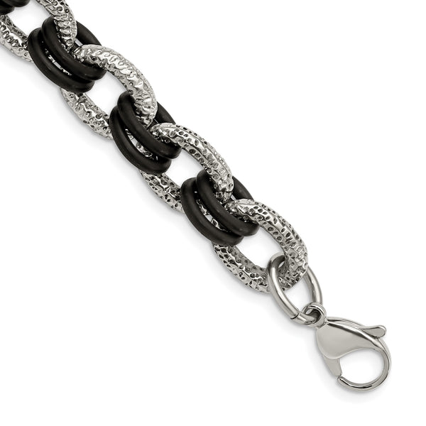 Stainless Steel Textured & Black Rubber 9in Bracelet - Birthstone Company