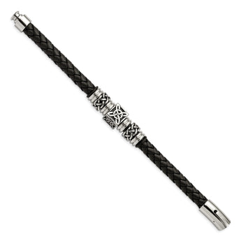 Stainless Steel Black Leather w/ Antiqued Beads 8.5in Bracelet - Birthstone Company