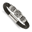 Stainless Steel Black Leather w/ Antiqued Beads 8.5in Bracelet - Birthstone Company