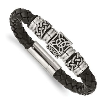 Stainless Steel Black Leather w/ Antiqued Beads 8.5in Bracelet - Birthstone Company