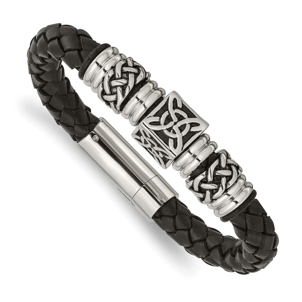 Stainless Steel Black Leather w/ Antiqued Beads 8.5in Bracelet - Birthstone Company