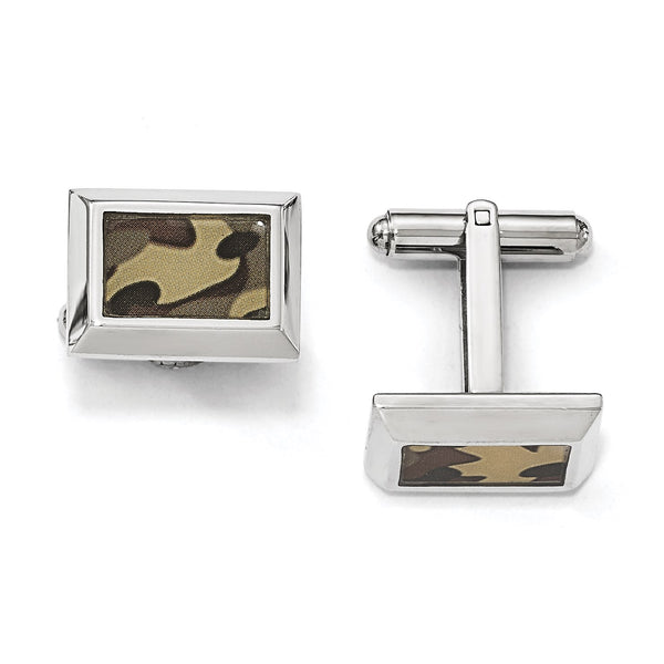 Stainless Steel Polished Printed Brown Camo Under Rubber Cufflinks - Birthstone Company