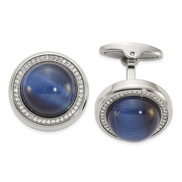 Stainless Steel Polished with CZ and Onyx Circle Cufflinks - Birthstone Company