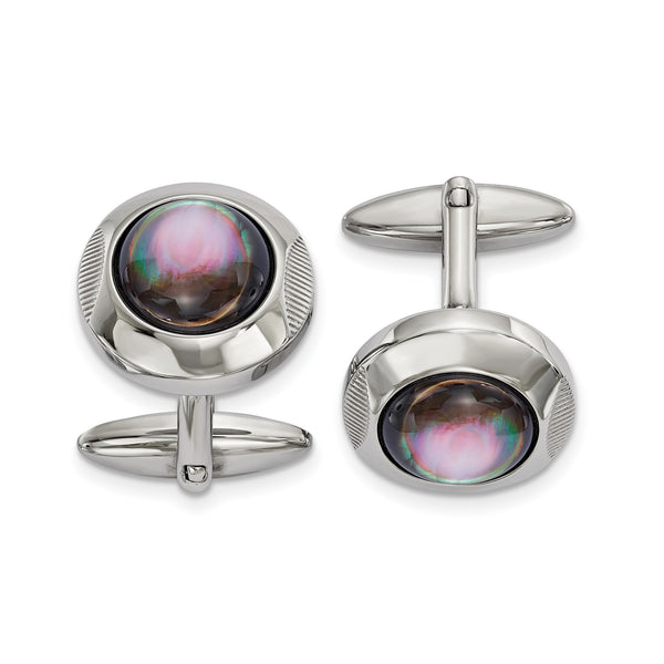 Black Mother of Pearl Circle Cufflinks in Stainless Steel - Birthstone Company