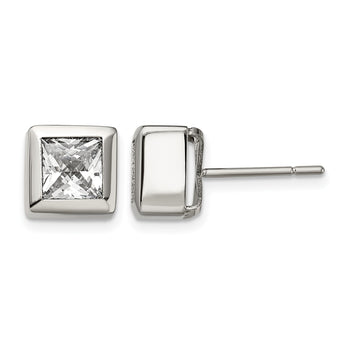 Stainless Steel Polished Square CZ Post Earrings - Birthstone Company