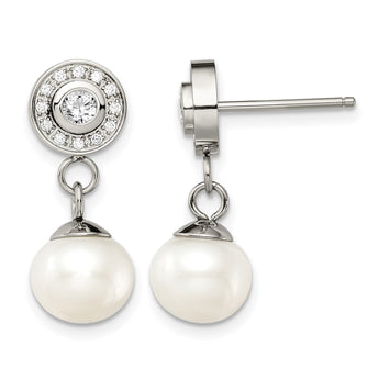 Stainless Steel Polished CZ and FWC Pearl Dangle Earrings - Birthstone Company