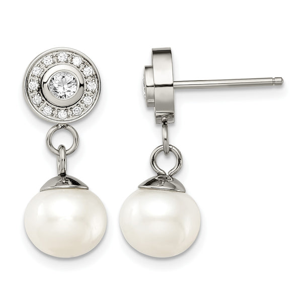 Stainless Steel Polished CZ and FWC Pearl Dangle Earrings - Birthstone Company