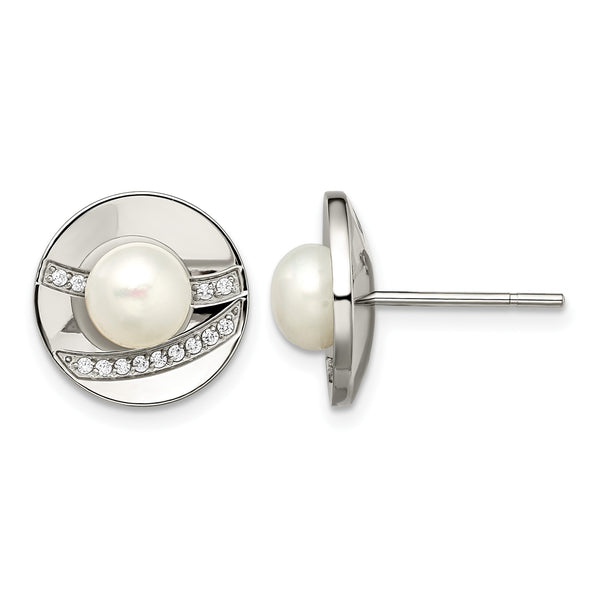 Stainless Steel Polished CZ and FWC Pearl Post Earrings - Birthstone Company