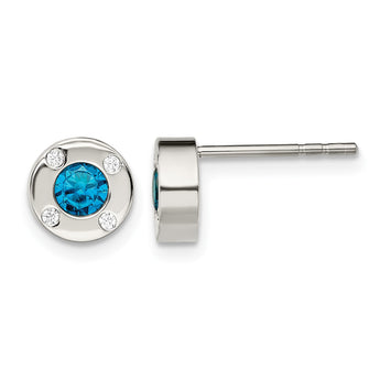 Stainless Steel Polished Blue and Clear CZ Post Earrings - Birthstone Company