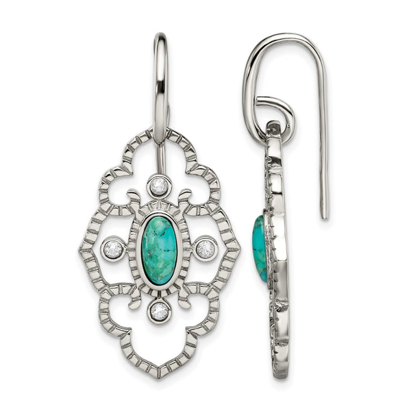 Stainless Steel Polished Imi. Turquoise & CZ Dangle Earrings - Birthstone Company