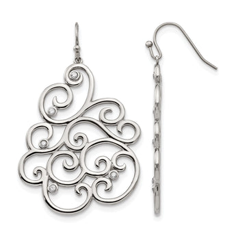Stainless Steel Polished Filigree CZ Dangle Shepherd Hook Earrings - Birthstone Company