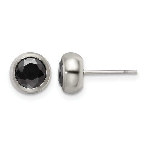 Stainless Steel Polished 6mm Bezel Black CZ Stud Post Earrings - Birthstone Company