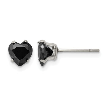 Stainless Steel Polished 6mm Black Heart CZ Stud Post Earrings - Birthstone Company