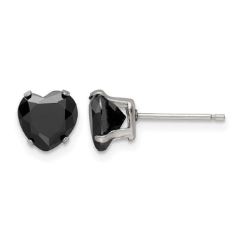 Stainless Steel Polished 7mm Black Heart CZ Stud Post Earrings - Birthstone Company