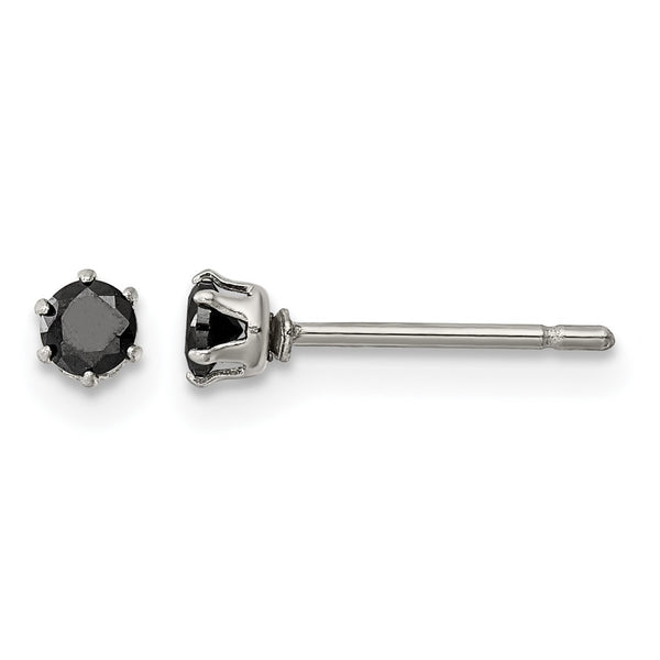 Stainless Steel Polished 3mm Black Round CZ Stud Post Earrings - Birthstone Company