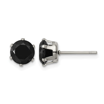 Stainless Steel Polished 7mm Black Round CZ Stud Post Earrings - Birthstone Company