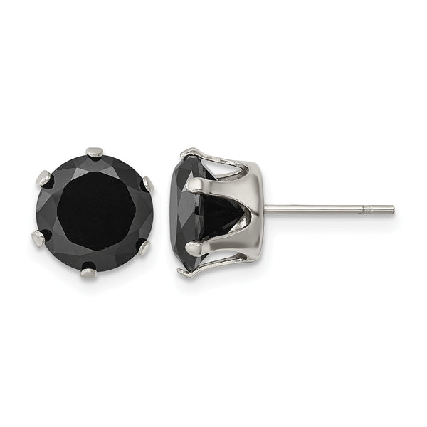 Stainless Steel Polished 9mm Black Round CZ Stud Post Earrings - Birthstone Company