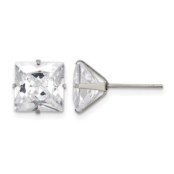Stainless Steel Polished 9mm Square CZ Stud Post Earrings - Birthstone Company