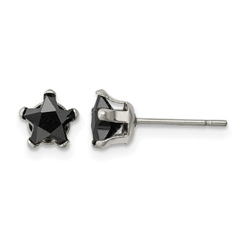 Stainless Steel Polished 6mm Black Star CZ Stud Post Earrings - Birthstone Company