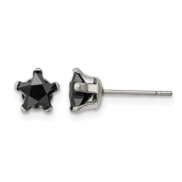 Stainless Steel Polished 6mm Black Star CZ Stud Post Earrings - Birthstone Company