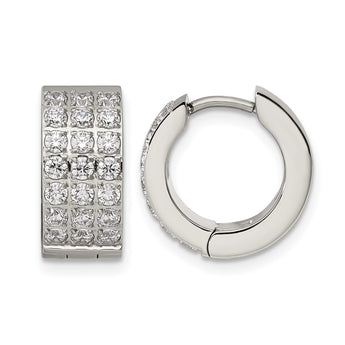 Stainless Steel Polished with 3 Rows of CZ Hinged Hoop Earrings - Birthstone Company