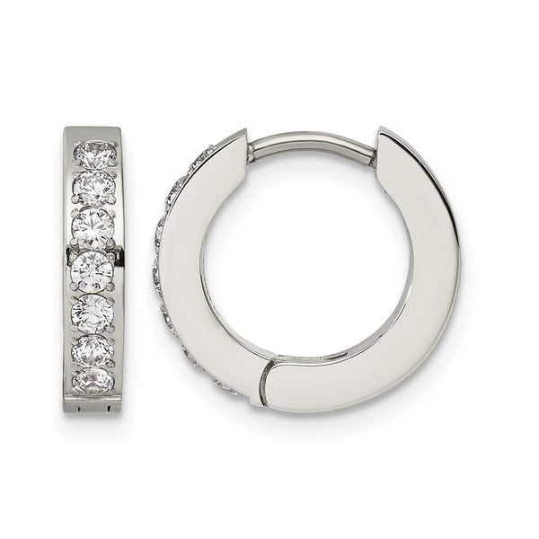 Stainless Steel Polished with 1 Row of CZ Hinged Hoop Earrings - Birthstone Company