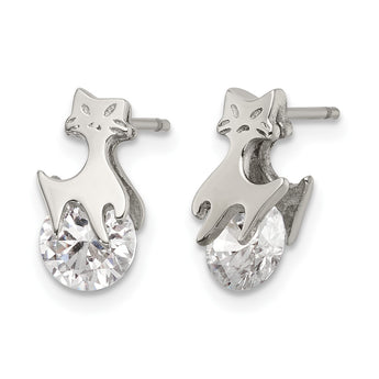 Stainless Steel Polished w/CZ Cat Post Earrings - Birthstone Company