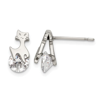 Stainless Steel Polished w/CZ Cat Post Earrings - Birthstone Company