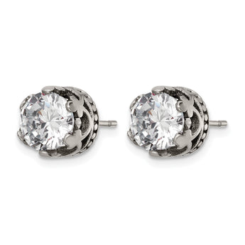 Stainless Steel Antiqued and Polished Crown w/CZ Post Earrings - Birthstone Company