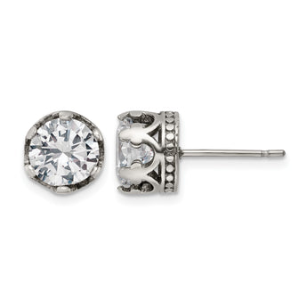 Stainless Steel Antiqued and Polished Crown w/CZ Post Earrings - Birthstone Company