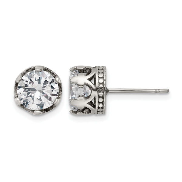 Stainless Steel Antiqued and Polished Crown w/CZ Post Earrings - Birthstone Company