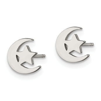 Stainless Steel Polished Moon and Star Post Earrings