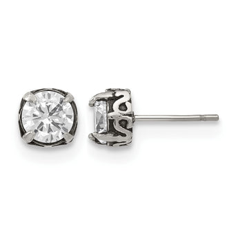 Stainless Steel Antiqued and Polished CZ Post Earrings - Birthstone Company