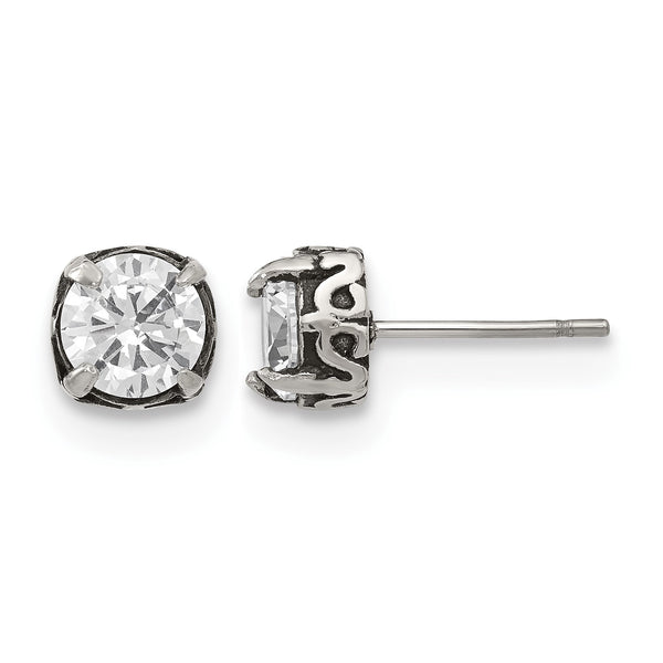 Stainless Steel Antiqued and Polished CZ Post Earrings - Birthstone Company